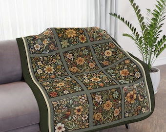 Forest Green Blanket, Earth Tone Scandi Folk Art Throw, Scandinavian Rosemaling Style Tiles, Original Design, Wedding Gift, Decor Danish