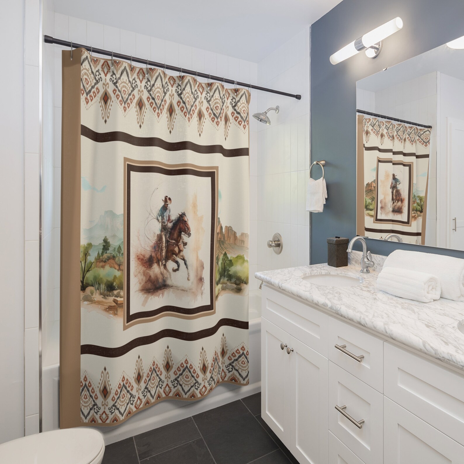 Western Cowboy Shower Curtain, Wild West Cowboy Horse Bathroom Decor