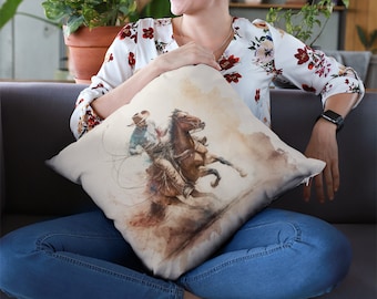 American West Rodeo Pillow, Cowboy Riding Pillow, Watercolor Cowboy Pillow, Retro Americana, Country Boys, Horseback Riding Lovers, Gift