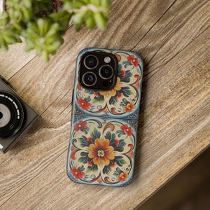 Hygge Scandi Folk Art iPhone Case, Scandinavian Style Vibrant Flower Pattern, Tough Phone Cover, Gift for Her, Customizable Smartphone