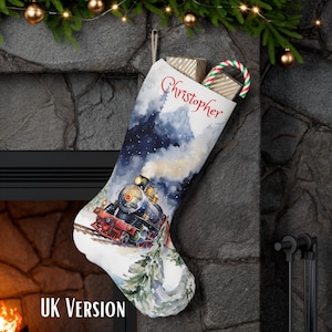 Christmas Train Stocking - Watercolor Vintage Steam Train For Christmas - Original and Unique, Extra Large Stocking - For Train Lovers