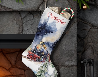 名入れ可能な電車柄クリスマスストッキング、アメリカ製ハンドメイド