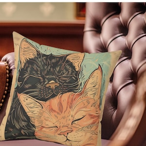 Cute Cats Throw Pillow Cover, Whimsical Art Deco Style Decor, Washable Tabby & Black Cats Pillow, Decorative Cat Pillow Gift for Cat Mom