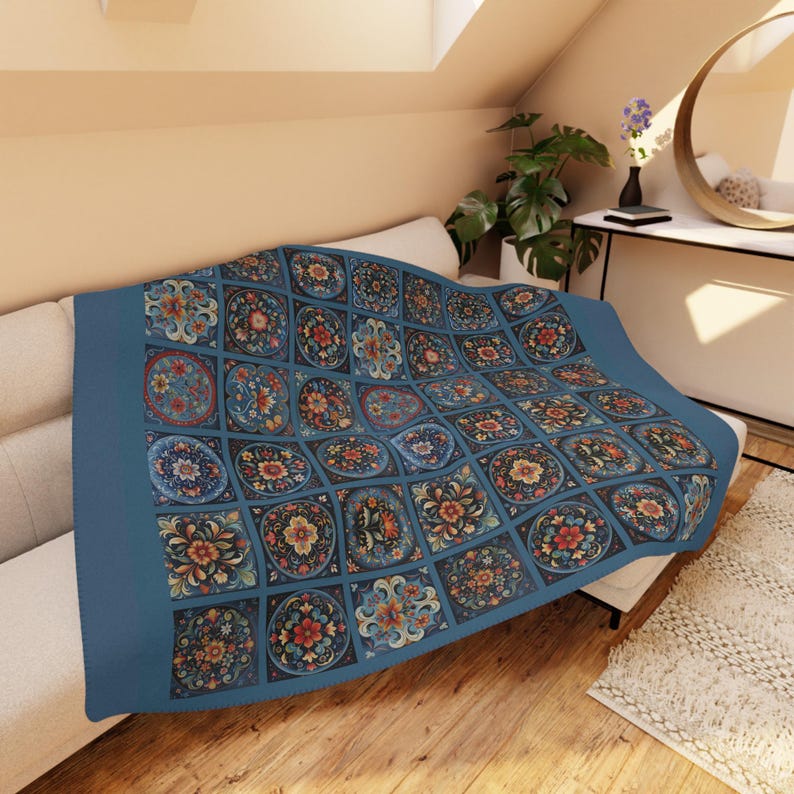 Prussian Blue Scandi StyleTile blanket.