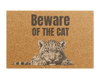 Funny Cat Welcome Doormat / Leopard, "Beware of the Cat" Whimsical Fun Way to Greet Guests at the Door, Wedding, Housewarming Gift