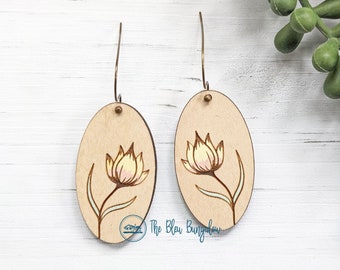 Oval Flower Earrings, Wildflower Earrings, Wooden Flower Earrings, Hand Painted Wooden Earrings, Floral Earrings Dangle, Floral Jewelry