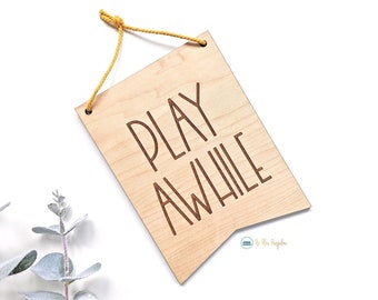 Play Awhile Sign, Wood Nursery Wall Decor, Nursery Wall Flag, Gender Neutral Nursery Art, Wooden Wall Flag, Toddler Room Decor, Boy Wall Art