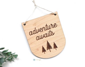 MINI Adventure Awaits Wall Flag, Adventure Awaits Wooden Sign, Adventure Nursery Decor, Explorer Nursery Art, Outdoorsy Nursery Decor, 4x5"