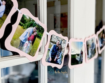 Pink Photo Banner, Bridal Shower, Engagement, Bachelorette, Baby Shower, Pre-strung (4x4 Photos)