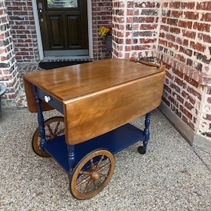Beverage cart, tea cart, bar and drinkware, drop-leaf rolling cart, solid wood, vintage