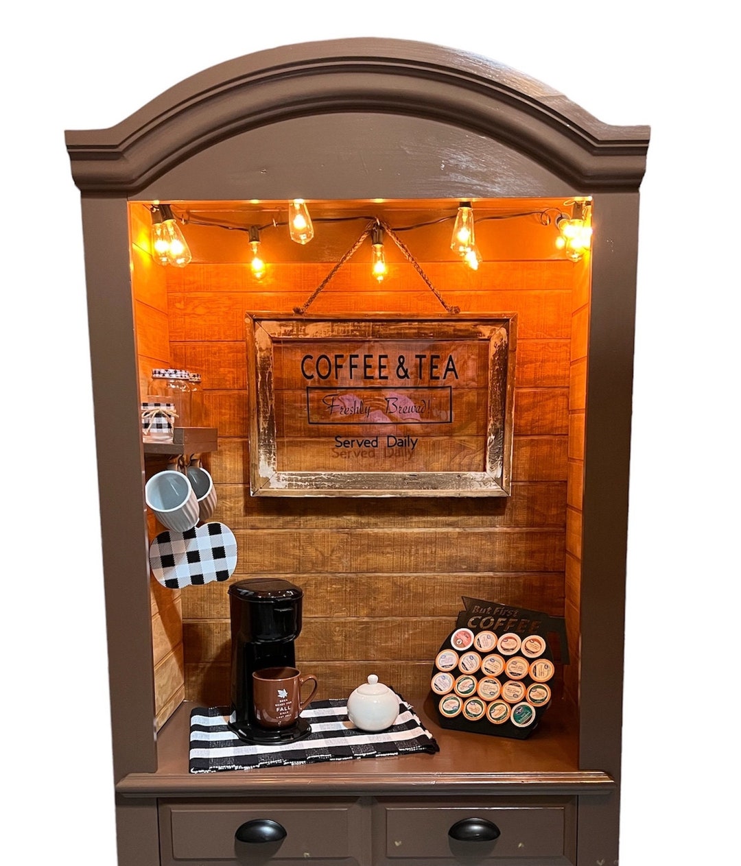 Espresso Coffee Hutch, Accessories Vintage Sign and Shelf