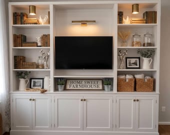 Choose your size and colors: pine wood media, entertainment center, brushed gold lights, 10 ft x 9 ft x 1 ft, custom dimensions available