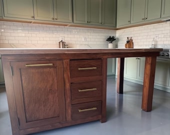 Custom kitchen island, solid wood stained, pick dimensions and colors, rustic, holds 4 barstools, walnut butcher block countertop