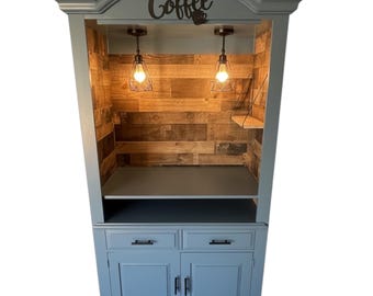 Coffee and wine bar, farmhouse, greyish-blue cabinet, coffee armoire