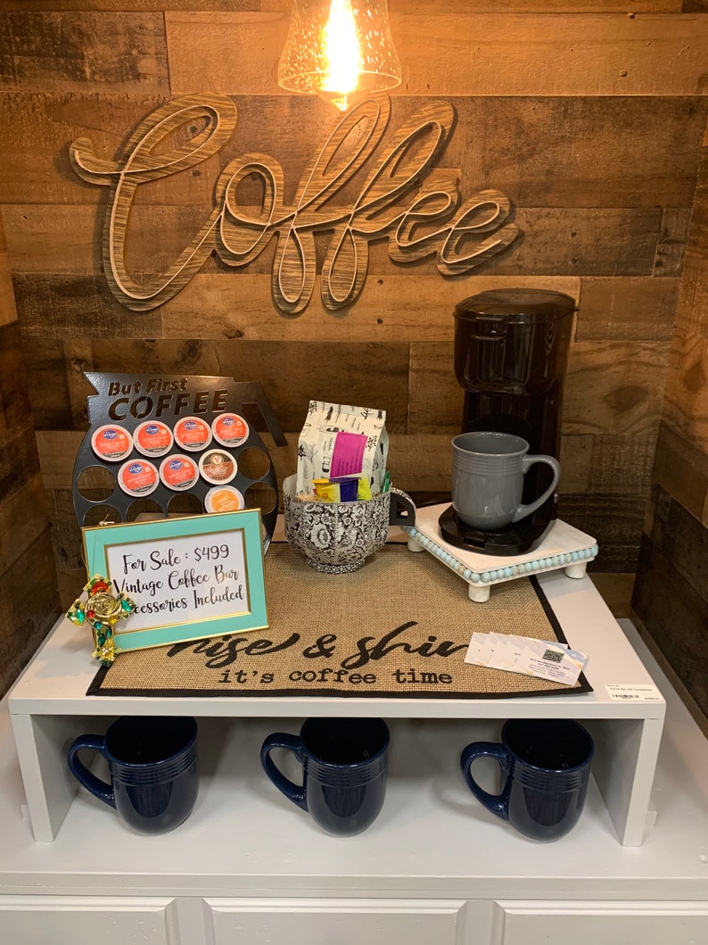 Custom Vintage Coffee Bar, Vintage Armoire, Grey Coffee and Wine