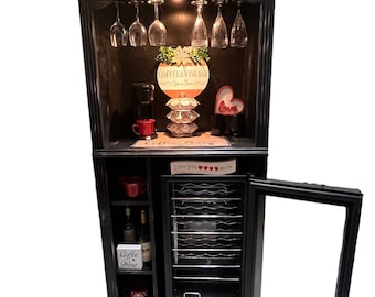 Set: fridge and wine bar, black stain with distressed brown, liquor cabinet, wine and coffee hutch, solid wood, LED light