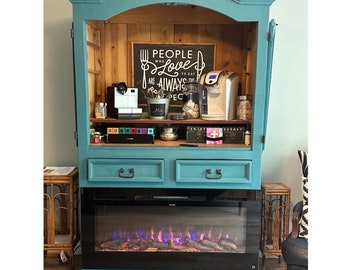 Turquoise armoire with fireplace, coffee cabinet and fireplace, beverage hutch, rustic cabinet,