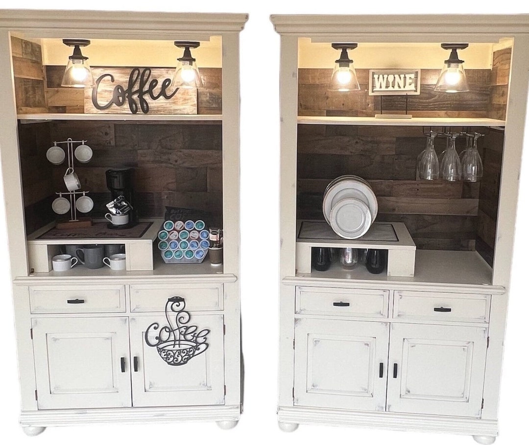 Coffee and Wine Hutch, Antique White Distressed Coffee Hutch, Farmhouse ...