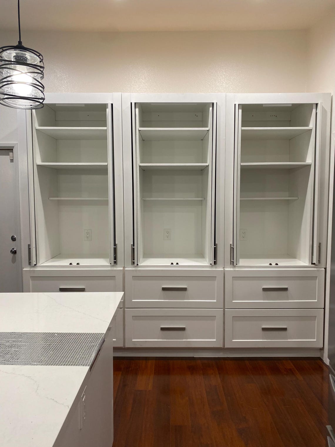Three Unit Kitchen Cabinet With Shelves and Pocket Sliding Doors and ...