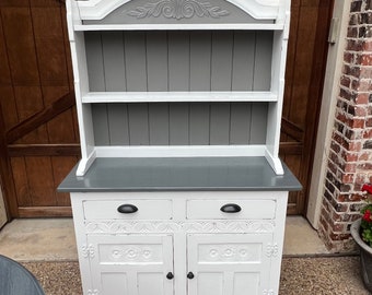 Distressed white and gray hutch, dining room hutch, farmhouse decor, vintage hutch