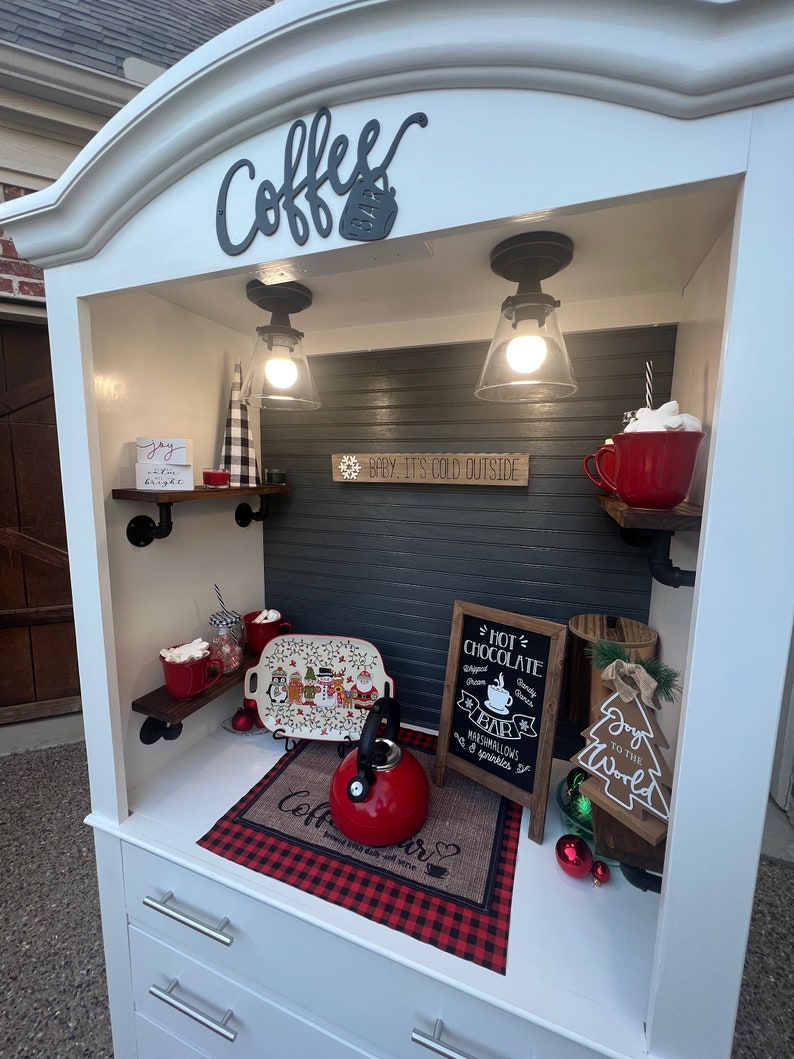 White hutch with walnut shelves, coffee bar, Christmas hot-chocolate bar, farmhouse decor image 4
