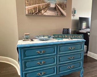 Henry Link french provisional dresser, vintage, giverny chalk paint, distressed white and gold, bedroom decor
