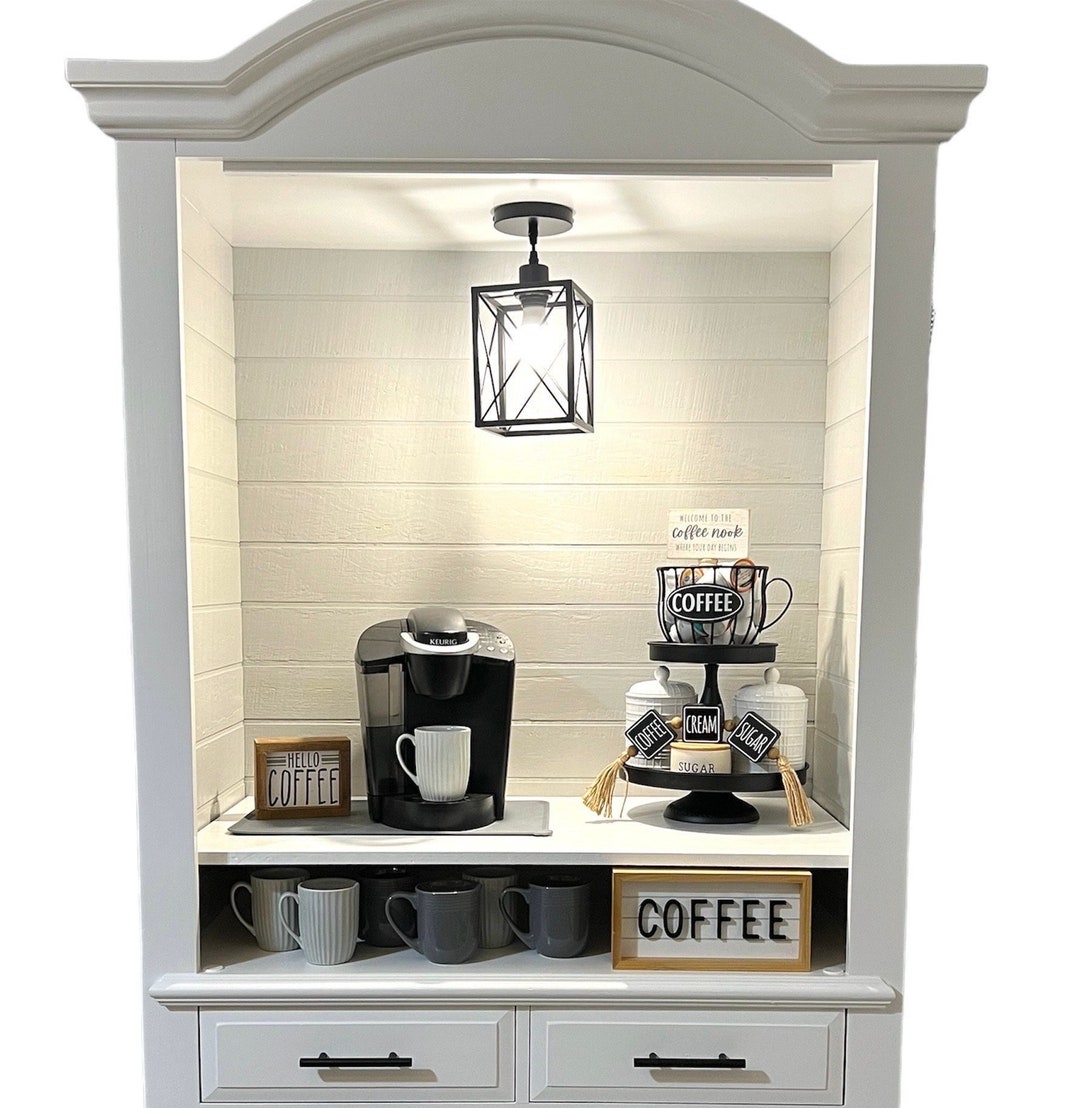 Bright White Coffee Hutch, Silver Pointe Shiplap Wood Board, Beverage ...