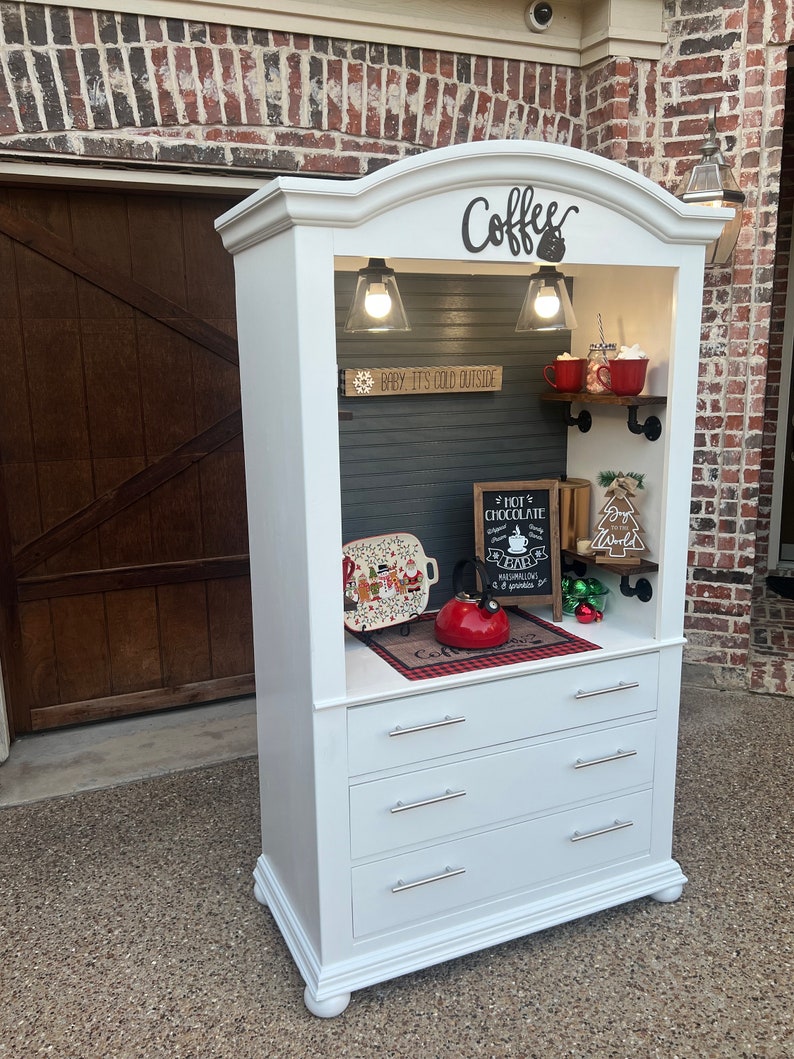 White hutch with walnut shelves, coffee bar, Christmas hot-chocolate bar, farmhouse decor image 5