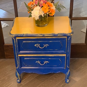 Set of 2: blue and gold side table, antique side table, end table, vintage