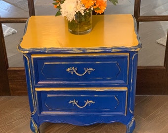 Set of 2: blue and gold side table, antique side table, end table, vintage
