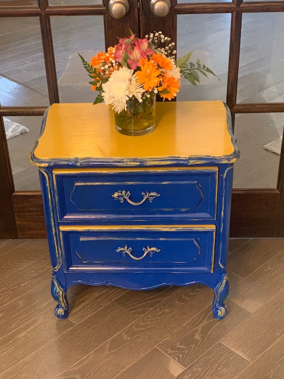 Vintage Blue and Gold Side Table Etsy