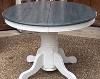 Butcher block gray and distressed white pedestal table, with leaf, seats 4-6, farmhouse dining table