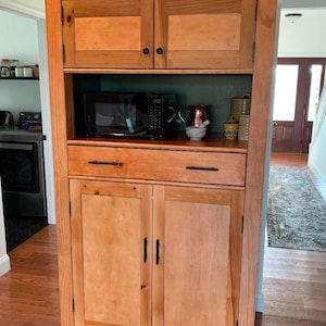 Kitchen microwave and fridge cabinet, pecan and hunter green cabinet, coffee and drink hutch, solid wood