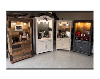 Custom designed coffee bar cabinets, beverage hutch, armoire cabinet, coffee bar