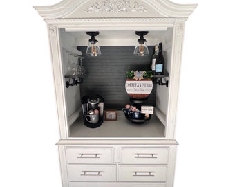 Distressed white coffee and wine armoire, grey pipe shelves, graystone beadboard, beverage bar, beverage station, wine bar, rustic farmhouse