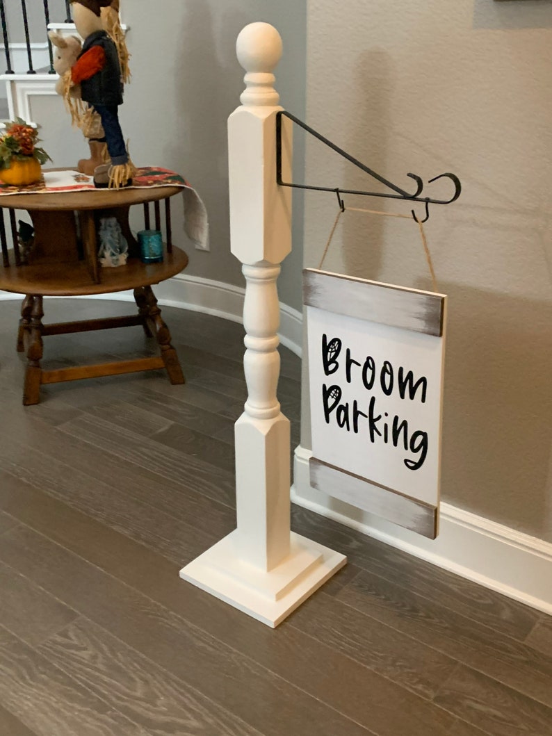 Halloween Post With Broom Parking Sign, Banister Post, Wood Sign Holder ...