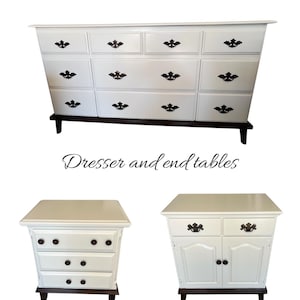 French style mid-century dresser and nightstands, vintage, creamy paint with pecan stained base, solid wood