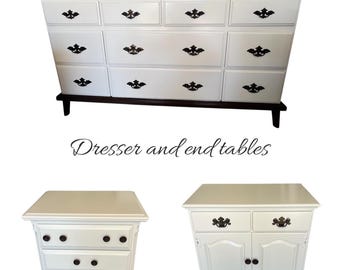Set of 3: French Style Mid-century Dresser and Nightstands, Vintage, Creamy  Paint With Pecan Stained Base, Solid Wood - Etsy