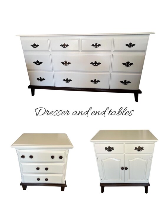 Set of 3: French Style Mid-century Dresser and Nightstands, Vintage, Creamy Paint With Pecan Stained Base, Solid Wood - Etsy Set of 3: French Style Mid-century Dresser and Nightstands, Vintage, Creamy Paint With Pecan Stained Base, Solid Wood - Etsy