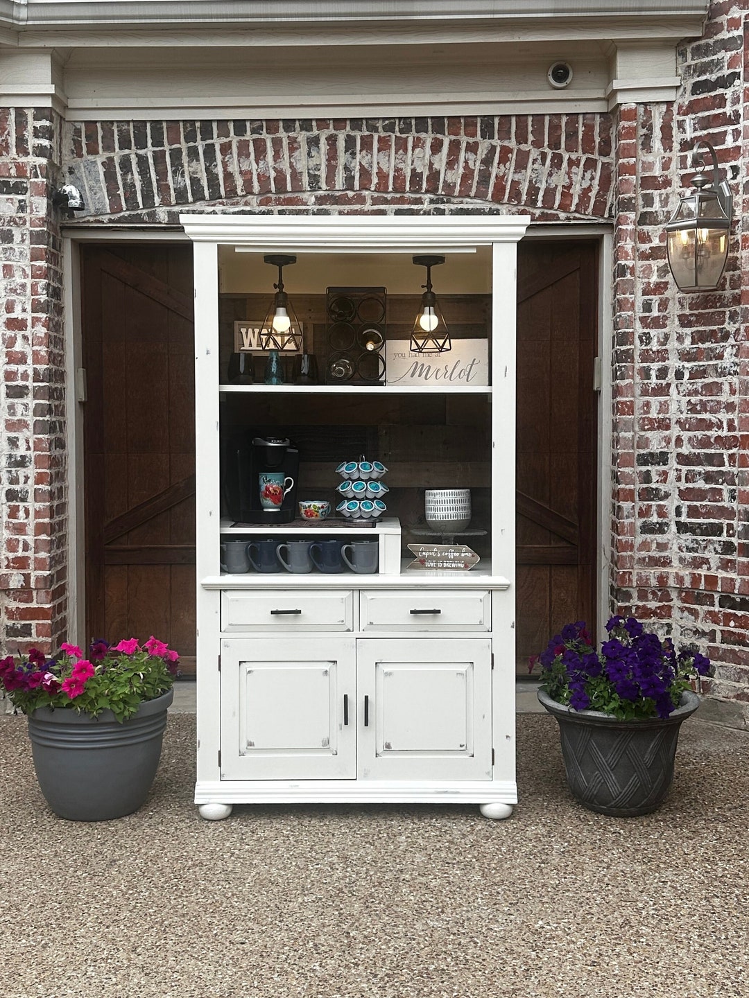 Antique White Distressed Coffee Hutch, Farmhouse Cabinet, Rustic Decor ...
