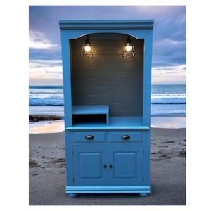 Blue and Grey coffee bar, coffee bar, beverage station, blue hutch, vintage