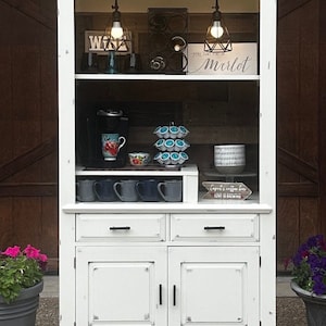 Antique white with distressed areas, coffee hutch, coffee and wine cabinet, beverage station, rustic, farmhouse, custom orders