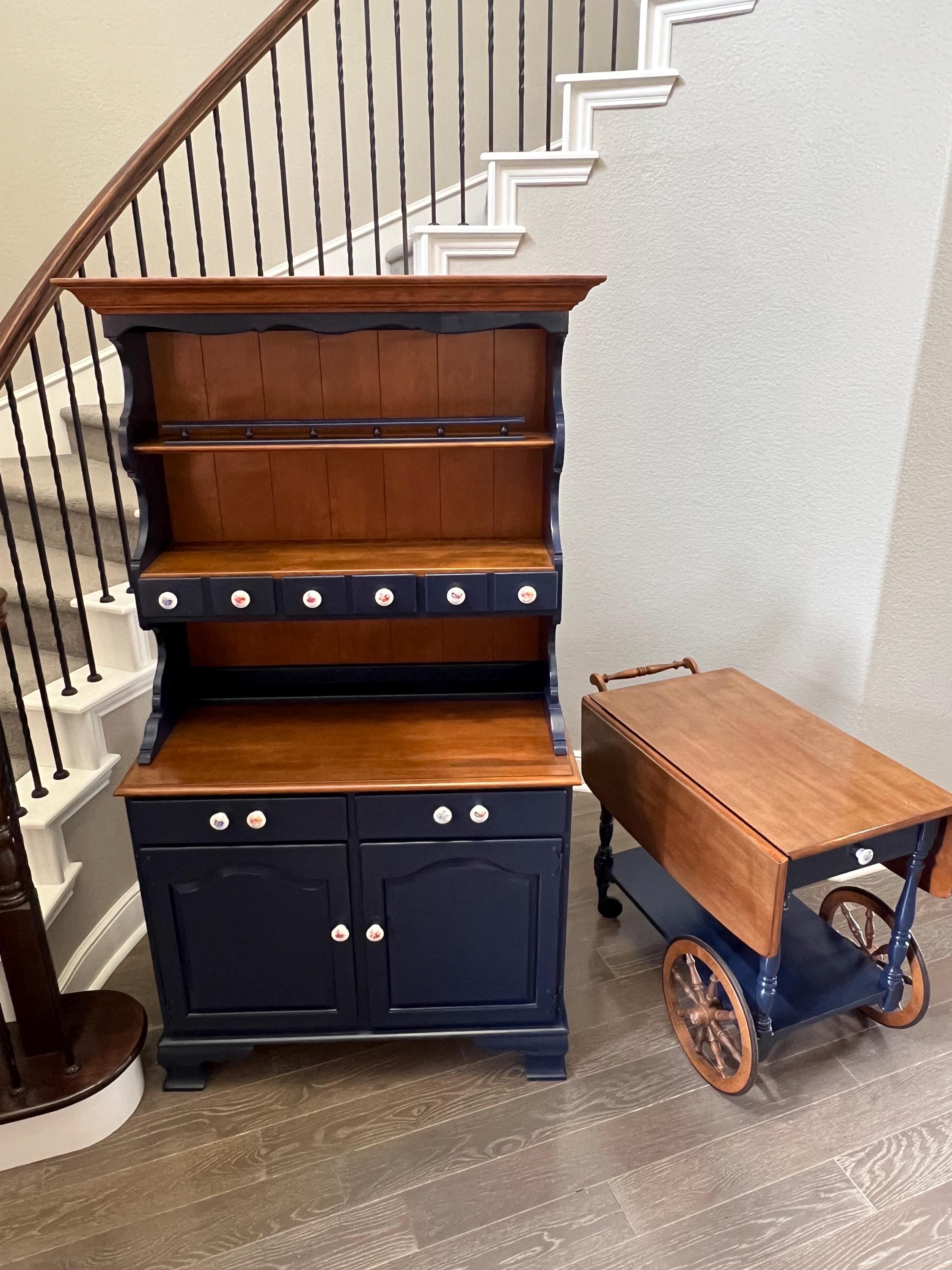Vintage Hutch and Tea Cart Set, Two Piece Hutch, Drop-leaf Tea