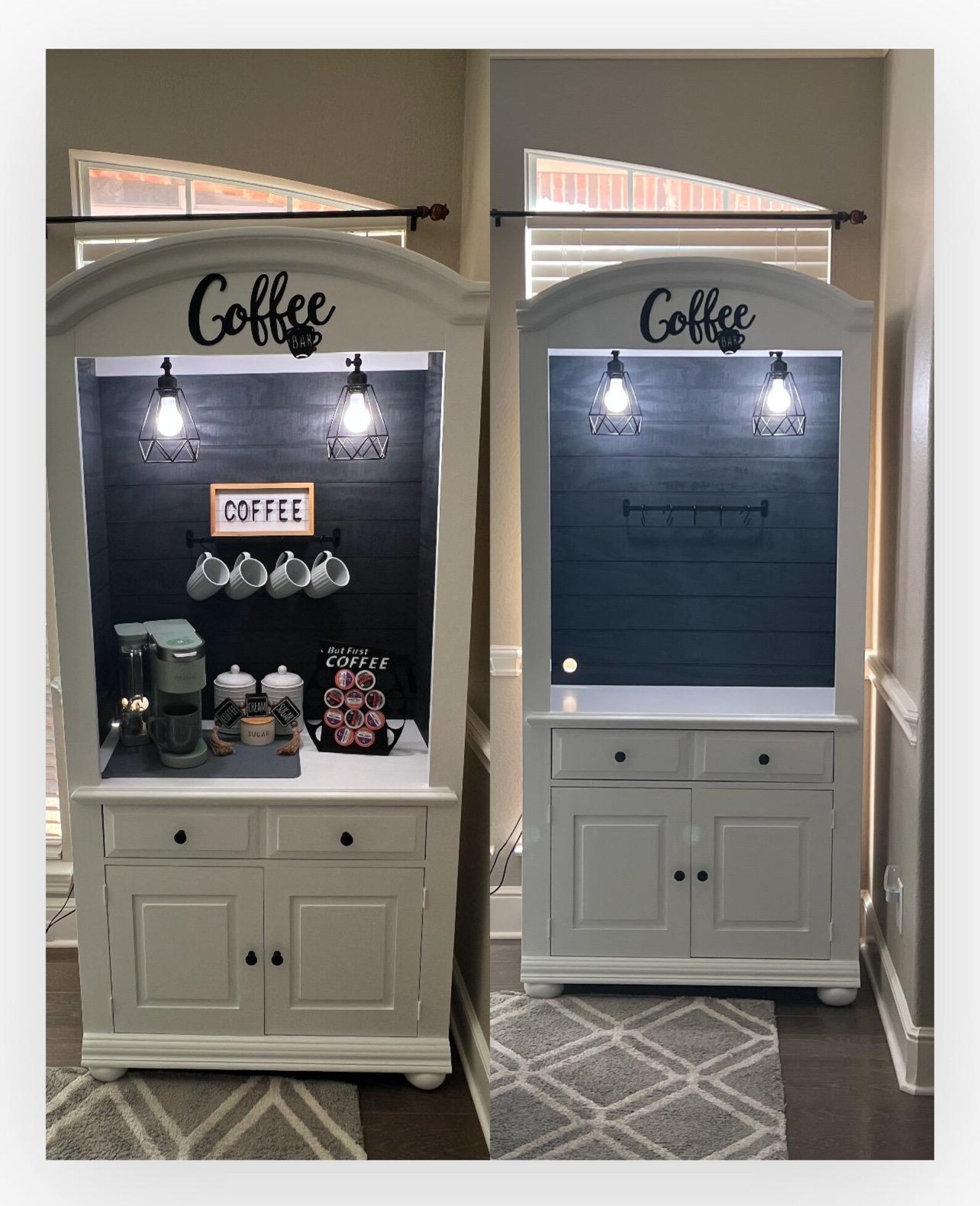 White and Grey Coffee Hutch, Gray Stone Shiplap, Beverage Hutch, Coffee ...