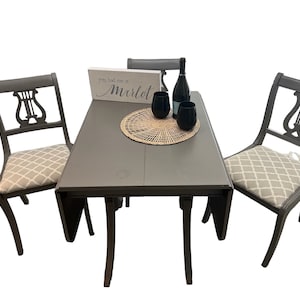 Duncan Phyfe style drop leaf table, Duncan Phyfe chairs, lyre back dining chairs, painted dining table, vintage table, vintage chairs
