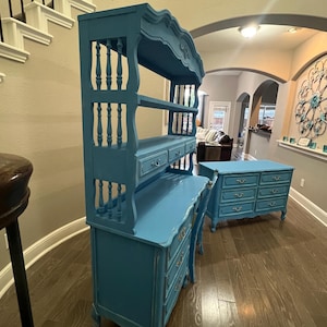 Henry Link french provisional vintage dresser and desk, chalk painted in Anne Sloan Giverny with distressed areas, sold as a set