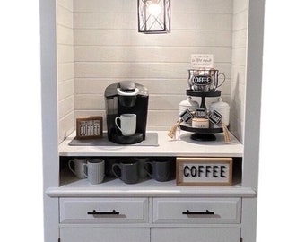 Bright white coffee hutch, silver pointe shiplap wood board, beverage bar, coffee armoire with two drawers and cabinet