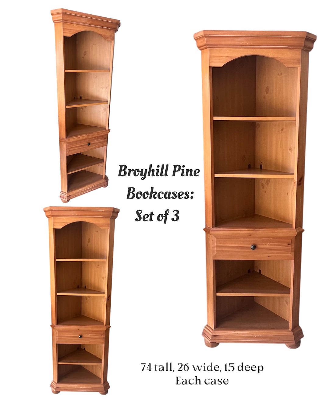 Set of 3: Broyhill Pine Corner Bookcases, Antique Set of 3: Broyhill Pine Corner Bookcases, Antique