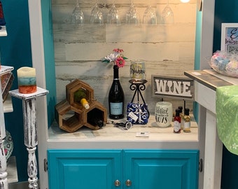 Vintage wine bar, turquoise and grey beverage bar, wood cabinet, coffee and wine hutch