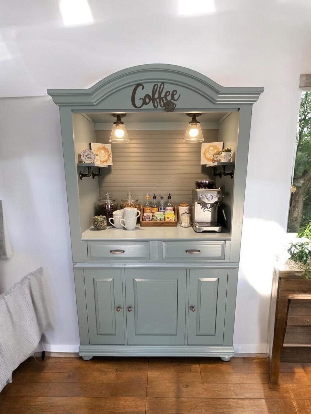 50-inch Coffee Armoire, Smoky Blue Hutch, Coffee and Wine Bar ...